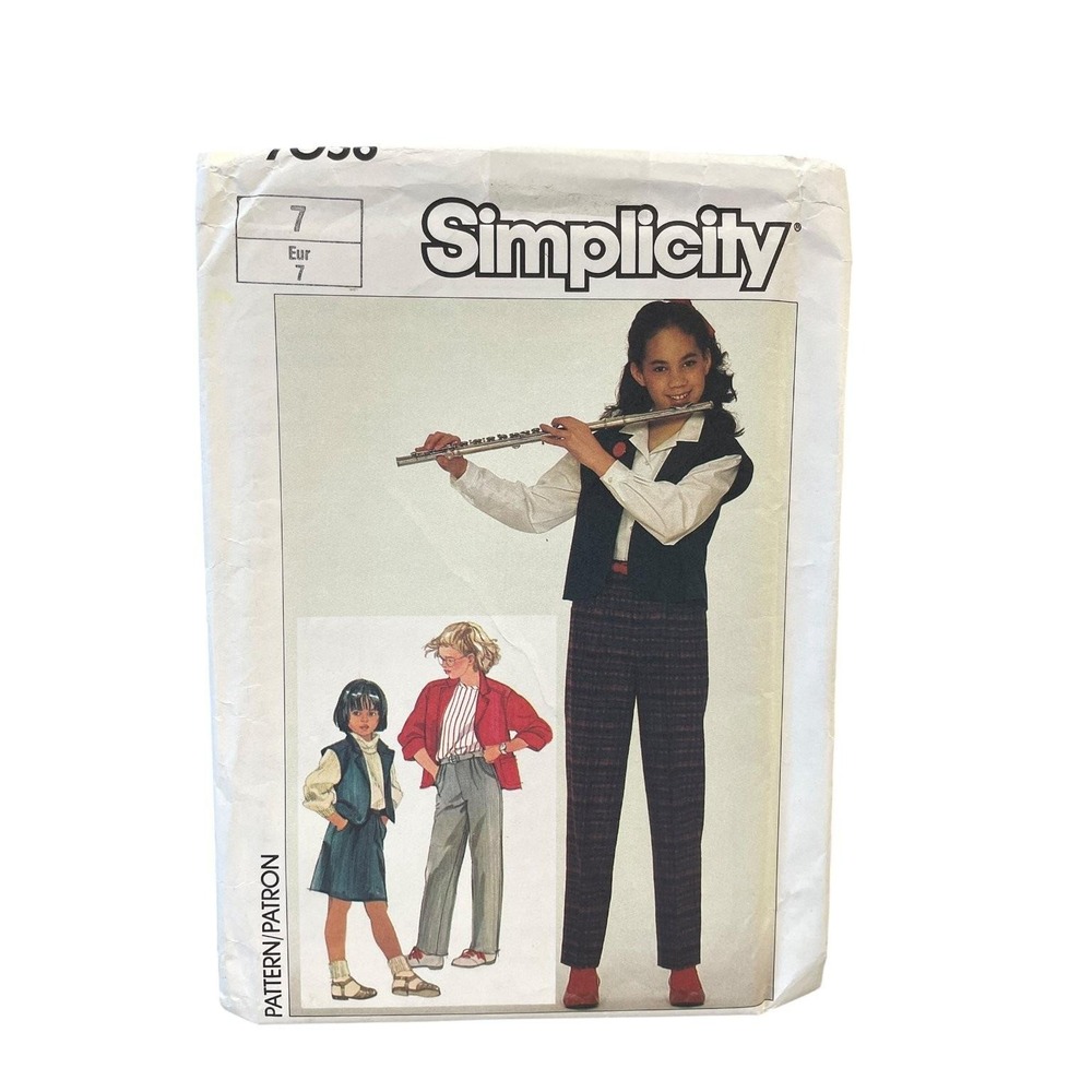 Simplicity 7056 Girls' Pant Vest Jacket Skirt Size 7 1990s Vintage Uncut